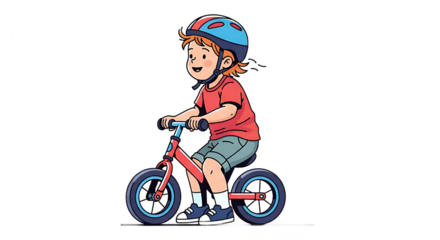 Happy child with helmet rides a balance bike, learning to balance and pedal