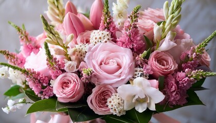 Fototapeta premium Flower Bouquet Made Of Mixed Spring Flowers Beautiful Pink And White Fresh Flowers Arrangement Birthday Bouquet With Snapdragons Matthiola And Canterbury Bells Close Up