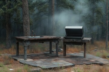 Outdoor cooking area with rustic wooden table and grill releasing smoke in a misty forest surrounded by tall pine trees and natural ground