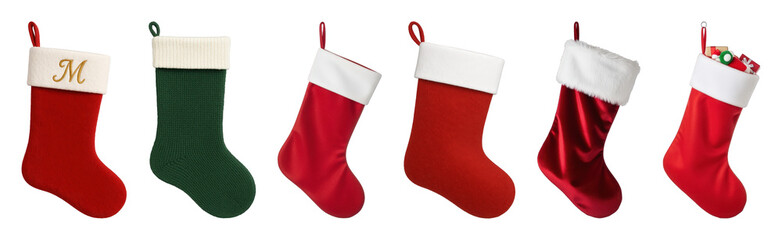 Christmas stocking set including red felt, green knit, satin, velvet, filled, and 'M' initial isolated. Holiday decor and gift giving collection.