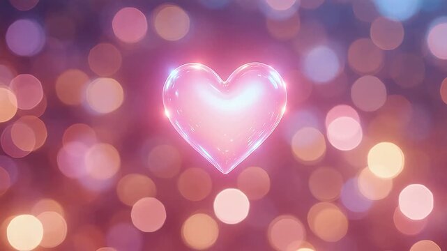 A glowing pink crystal heart floating against a beautiful blurry bokeh background for Valentine's Day