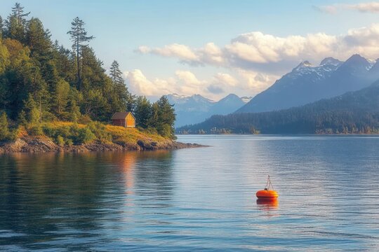 Peaceful lake scene with a small wooden cabin on a forested shore, an orange buoy floating on calm water, and distant snow-capped mountains under a partly cloudy sky
