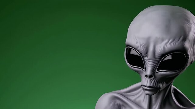 Mysterious Alien Figure with Large Eyes Against Green Background with ai generated
