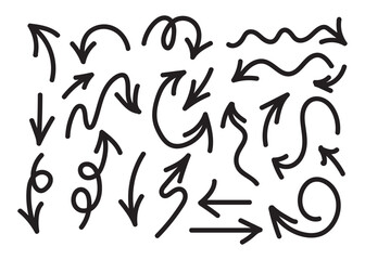 Hand drawn arrow vector icons set. Sketch arrow design for business plan and education. Set of arrows black icons. Circle arrows, rotate arrow, redo process symbol. Vector eps 