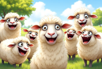 Cartoon illustration of a group of laughing sheep standing together in a sunny green meadow with trees and blue sky.