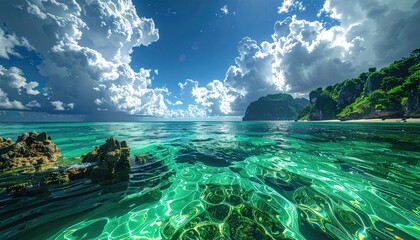 Abstract Pixelated Tropical Ocean Coastline Under Cloudy Blue Sky with Geometric Water Patterns and Neon Highlights Futuristic Coastal Landscape