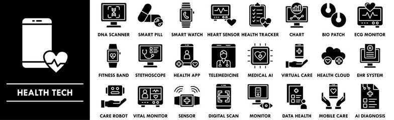 Health Tech icon collection set. Containing design technology, tech, health, medical, medicine, digital