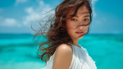 Naklejka premium Beautiful Japanese woman with windblown hair on tropical beach 