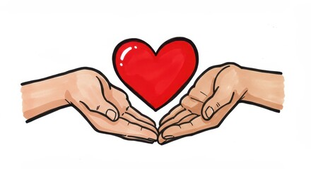 Fototapeta premium Embrace in Red: Two hands tenderly cradling a vibrant red heart, symbolizing love, compassion, and care, rendered in a photorealistic art style.