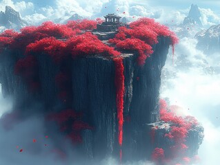 Ancient pavilion perched atop a towering cliff surrounded by vibrant red trees and cascading red foliage amidst misty mountainous landscape