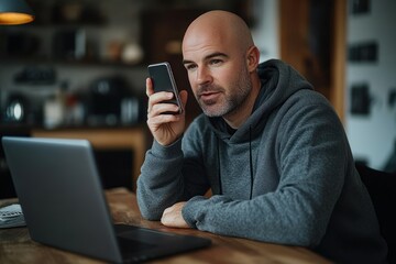 man in gray hoodie sitting at wooden table engaging in voice conversation on smartphone with laptop open in cozy indoor setting with blurred background