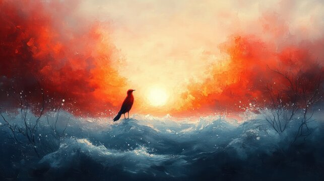 solitary bird perched on a snowy hill with vibrant orange and yellow sunrise illuminating the dramatic sky, serene and contemplative mood