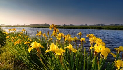 Yellow Colored Iris Flowers Iris Pseudacorus Along The Waterside In A Polder Near Gouda Western Netherlands