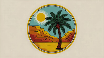 Circular Emblem of Desert Landscape with Palm Tree and Sun sunburst