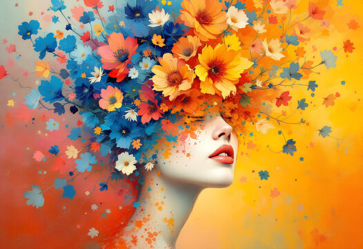 Digital portrait of a woman with a vibrant floral arrangement exploding from her head against a warm, abstract background. - Powered by Adobe
