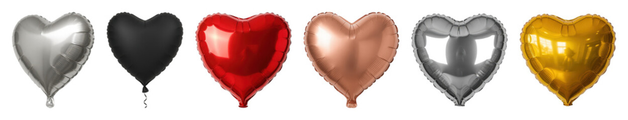 Foil heart balloon set including silver, black, red, rose gold, gold, and cutout heart designs isolated. Celebratory elements for events.