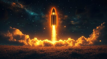 Glowing rocket launching upward into starry night sky with illuminated clouds and grass below, capturing a sense of adventure and exploration