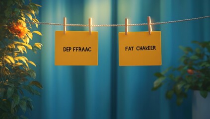 Two yellow square cards with jumbled black text hanging on a rope with clothespins indoors, surrounded by green plants and soft natural lighting
