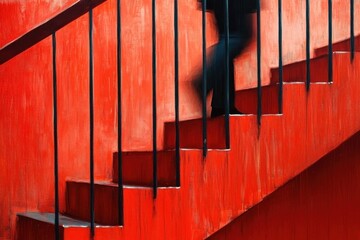 Blurred figure walking up a vivid red staircase behind vertical black railings with strong contrast and dynamic perspective