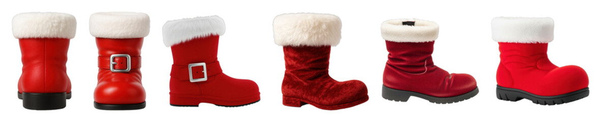Red Santa boots set including classic, buckled, velvet, and stylized designs isolated. Christmas holiday season footwear.