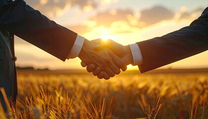 Businessmen Shaking Hands Over Wheat Field at Sunset in Golden Light Cinematic HDR Ultra Sharp Focus Detail Accounting Paperwork Tax Concept