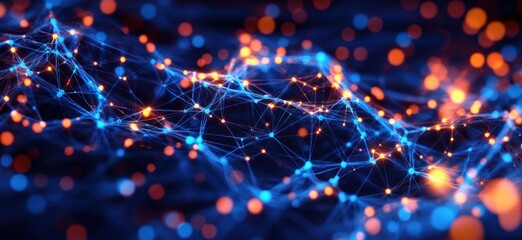 Abstract digital network with interconnected blue nodes and glowing orange lights creating a futuristic and dynamic visual effect on dark background