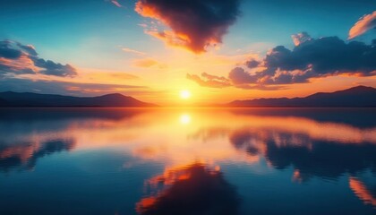 Fototapeta premium Vibrant sunset over calm lake reflecting colorful clouds and distant mountain silhouettes creating a serene and peaceful atmosphere
