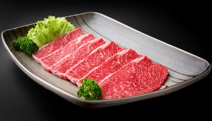Japanese Kobe Beef Sliced On Plate Prepared For Shabu Shabu On Black Background