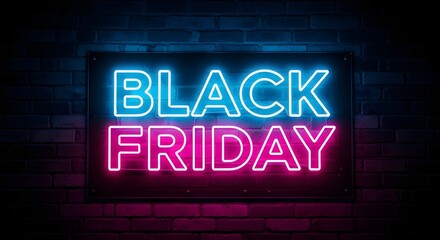 Obraz premium Neon Black Friday Sale Sign on Brick Wall