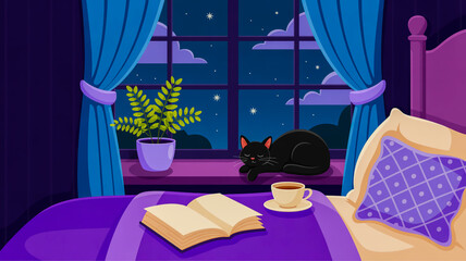 Cozy Bedroom Scene at Night with Black Cat, Book, and Coffee by the Window curtains
