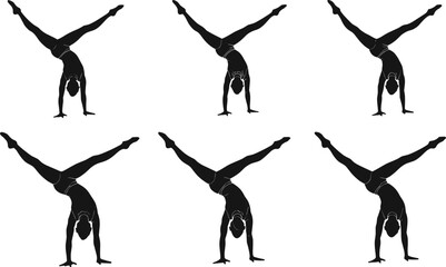 Female gymnast doing handstand balance pose, acrobatic cartwheel sequence, fitness training exercise, gymnastics silhouette, athletic flexibility sport movement illustration vector