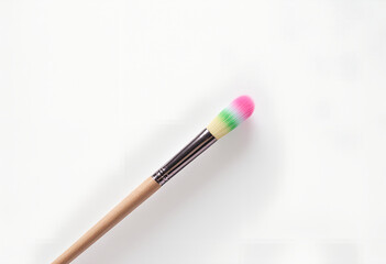Fototapeta premium Close-up of a colorful makeup brush with a wooden handle on a white background