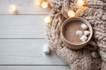A cozy scene featuring a cup of hot chocolate with marshmallows on a knitted blanket. Soft fairy lights add warmth to the setting.