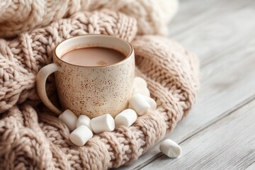 A cozy scene featuring a beige mug filled with hot chocolate, surrounded by fluffy marshmallows on a knitted blanket. Warm and inviting atmosphere.