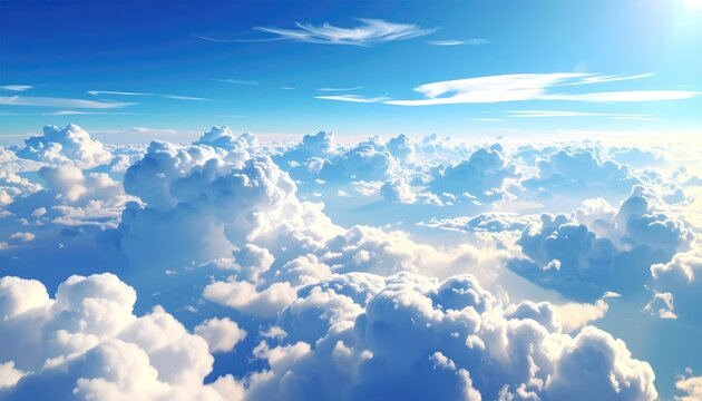 Aerial View of Puffy White Clouds Under a Bright Blue Sky with Golden Light Effects and Sunlit Haze in Cinematic Style