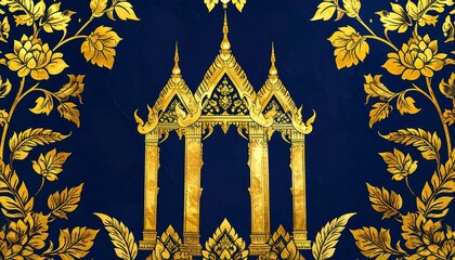 Gold ornate archway framed by floral patterns on dark blue background