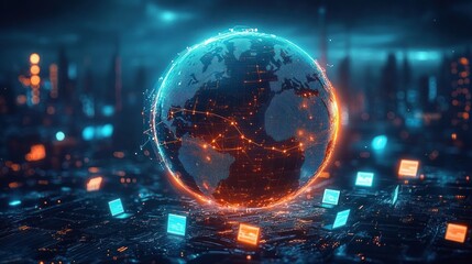 Digital globe with illuminated data points and network connections floating above a futuristic circuit board in a high-tech dark environment