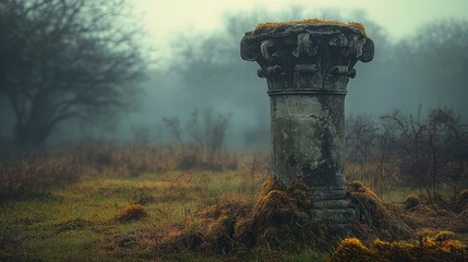 Ancient weathered stone column with ornate capital standing alone in a misty overgrown field surrounded by moss and dry grass, evoking a mysterious and tranquil atmosphere