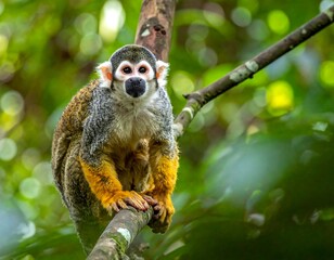 Obraz premium Close-up of a squirrel monkey in a jungle setting
