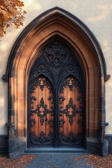ornate wooden double door with intricate black ironwork under a pointed stone arch surrounded by light textured wall and autumn leaves on the ground