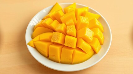 Mango fruit sliced on white plate on wood table.