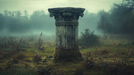 Ancient stone column overgrown with moss in a foggy, wild meadow surrounded by sparse trees and mist creating a mysterious atmosphere