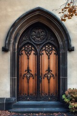ornate wooden double door with black wrought iron decorative elements set in a gothic arched stone frame with dried leaves and autumn foliage nearby