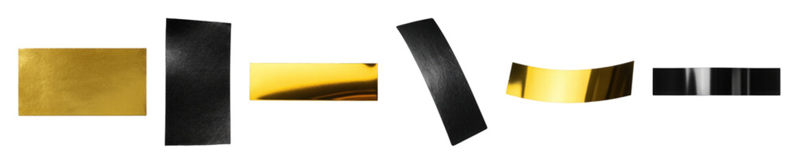 Gold foil and black textured element set including shiny metallic and matte material shapes isolated. Luxury design resources and creative assets.