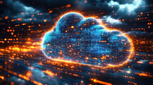 Glowing digital cloud composed of intertwined blue circuitry and surrounded by vibrant orange sparks in a futuristic dark atmosphere