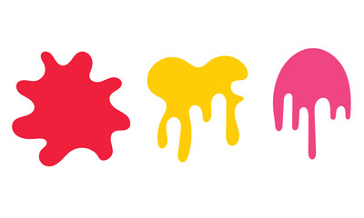 Colorful paint splatter stains isolated on white. Three vivid paint splashes in red, pink, and yellow with dripping effects, great for art backgrounds, graffiti, and creative design. Vector eps 10

