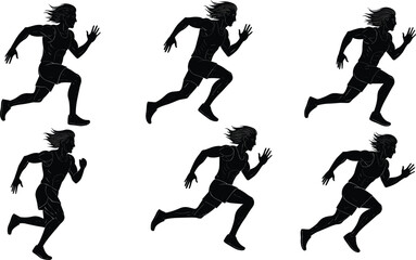 Silhouette of athletic man running fast, sprint training sequence, fitness workout, sport action movement, healthy lifestyle exercise, speed marathon runner illustration