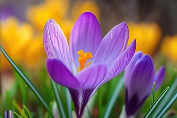 Close-up of vibrant purple crocus flowers blooming with bright yellow stamens surrounded by green grass and blurred yellow flowers in the background
