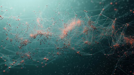Abstract digital network visualization composed of interconnected red nodes and fine lines on a teal background, evoking complexity and connectivity in a futuristic atmosphere