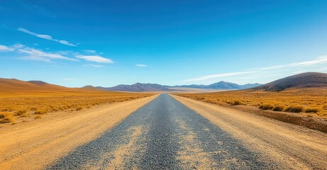 Naklejka premium Long straight road stretching through an arid desert landscape with sparse dry grass under a bright blue sky and distant mountains